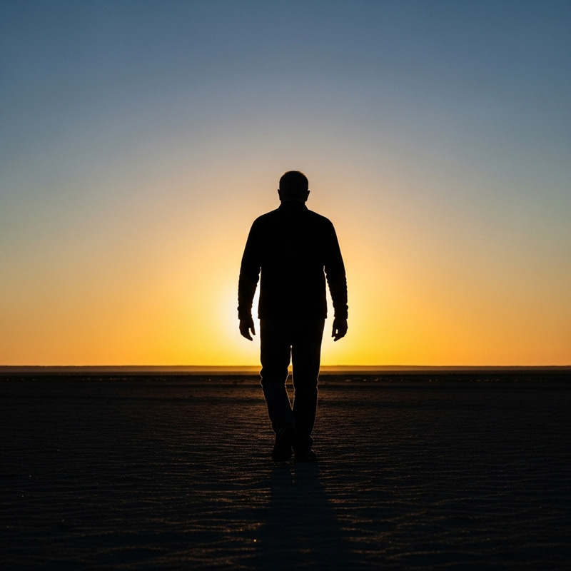 Silhouette Man Walking Away at Sunset