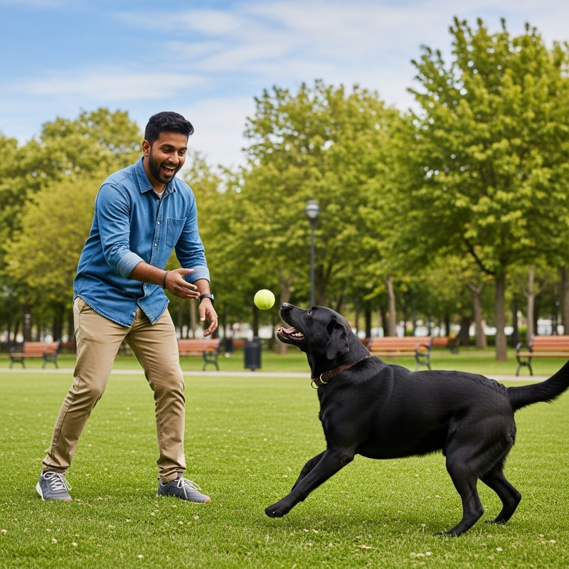 Happy Moment: Dog Playing with Owner in Park Happy Moment: Dog Playing with Owner in Park