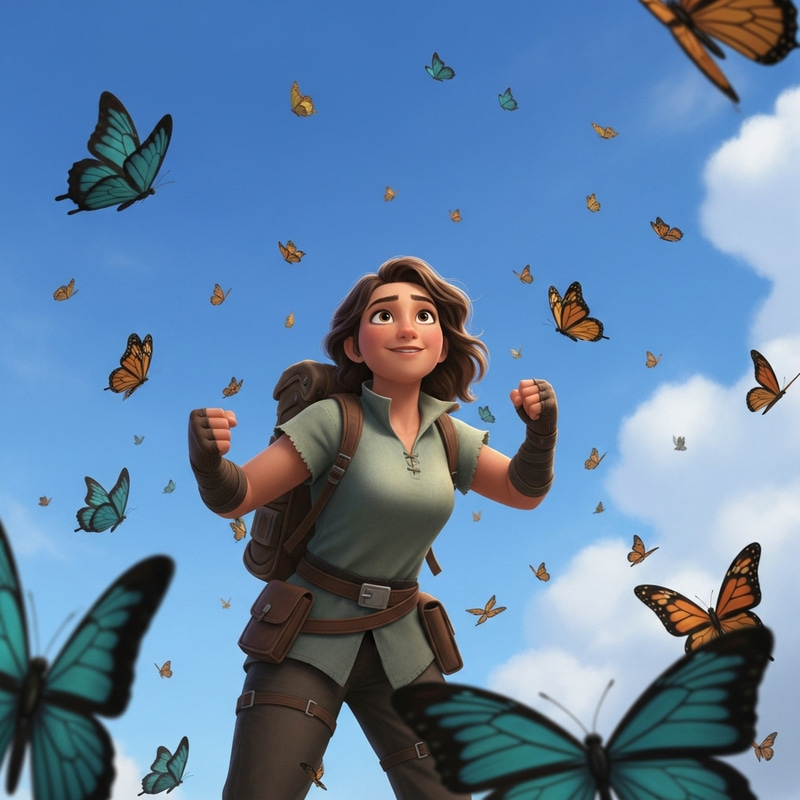 Empowered Woman Surrounded by Colorful Butterflies
