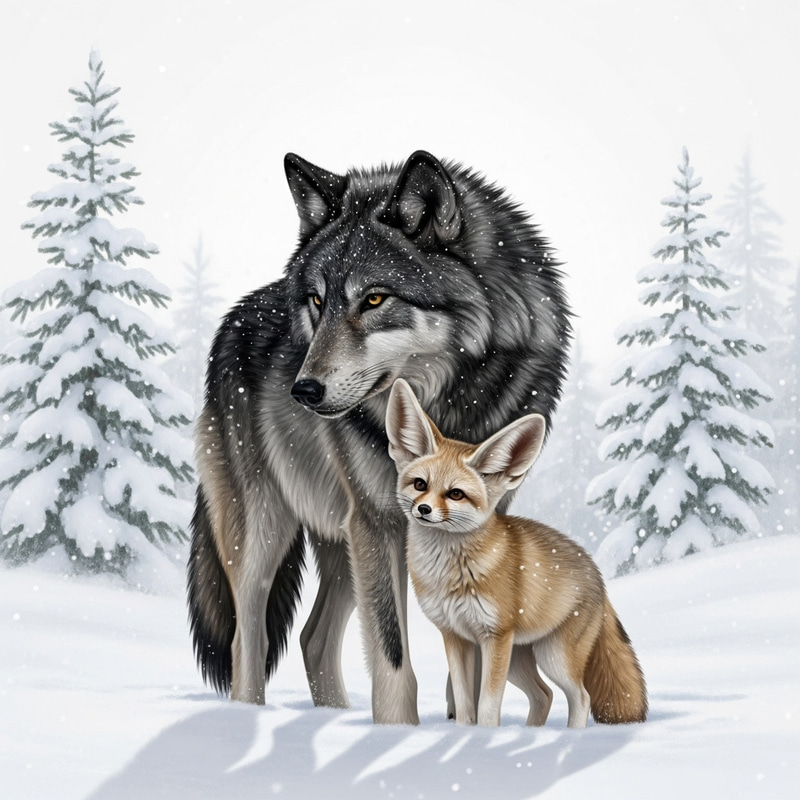 Winter Love: Fennec Fox & Grey Wolf Affection Winter Love: Fennec Fox & Grey Wolf Affection
