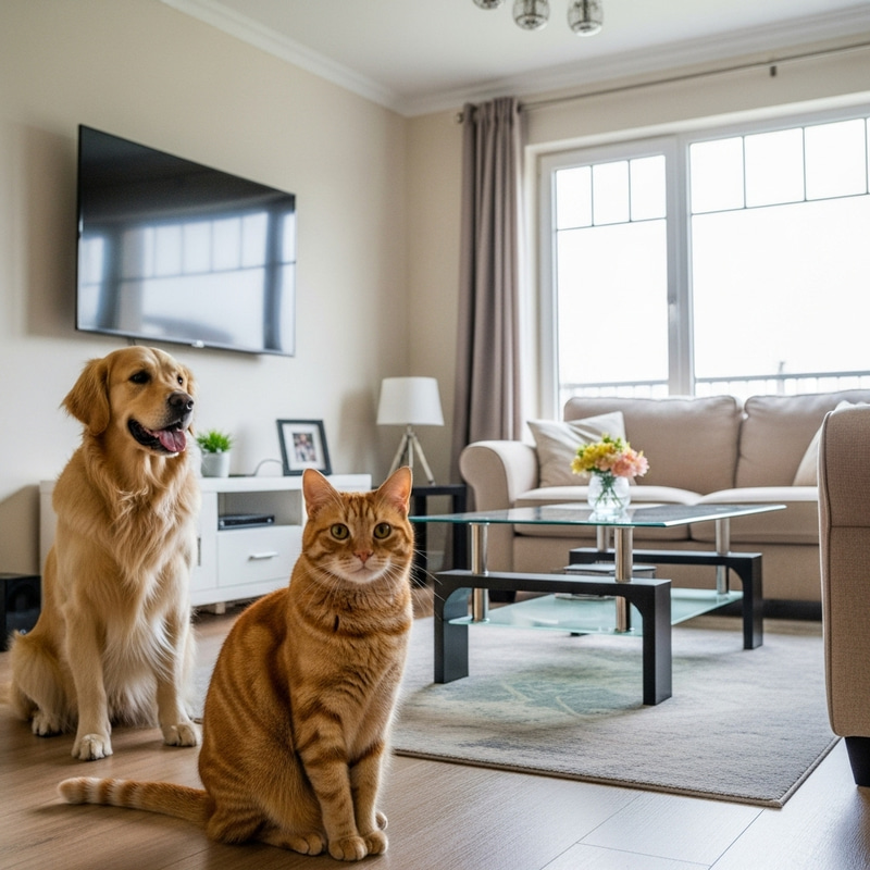 Cat and Dog in Bright Modern Living Room