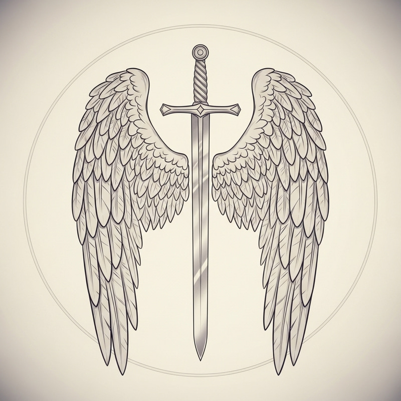 Guild Emblem with Vertical Sword and Angelic Wings in Watermark Style