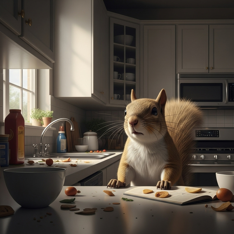 Lonely Squirrel Alone in a Bare Kitchen Lonely Squirrel Alone in a Bare Kitchen