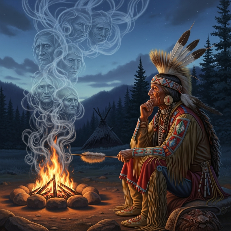 Indigenous American Shaman Contemplating Campfire | Ancestral Vision Indigenous American Shaman Contemplating Campfire | Ancestral Vision