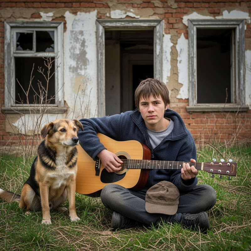Homeless Boy with Dog and Guitar by a Ruined House