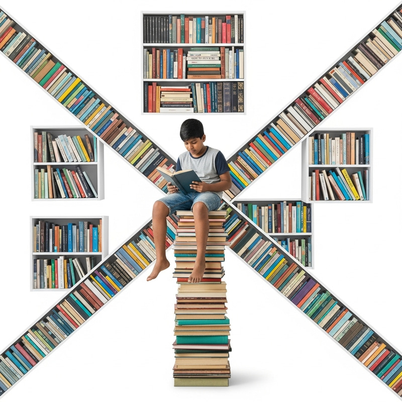 Adorable Kid Engrossed in Books on White Shelves Background Adorable Kid Engrossed in Books on White Shelves Background