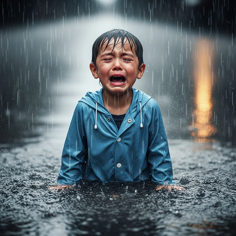 Young Boy Crying in the Rain - Emotional Moment Young Boy Crying in the Rain - Emotional Moment