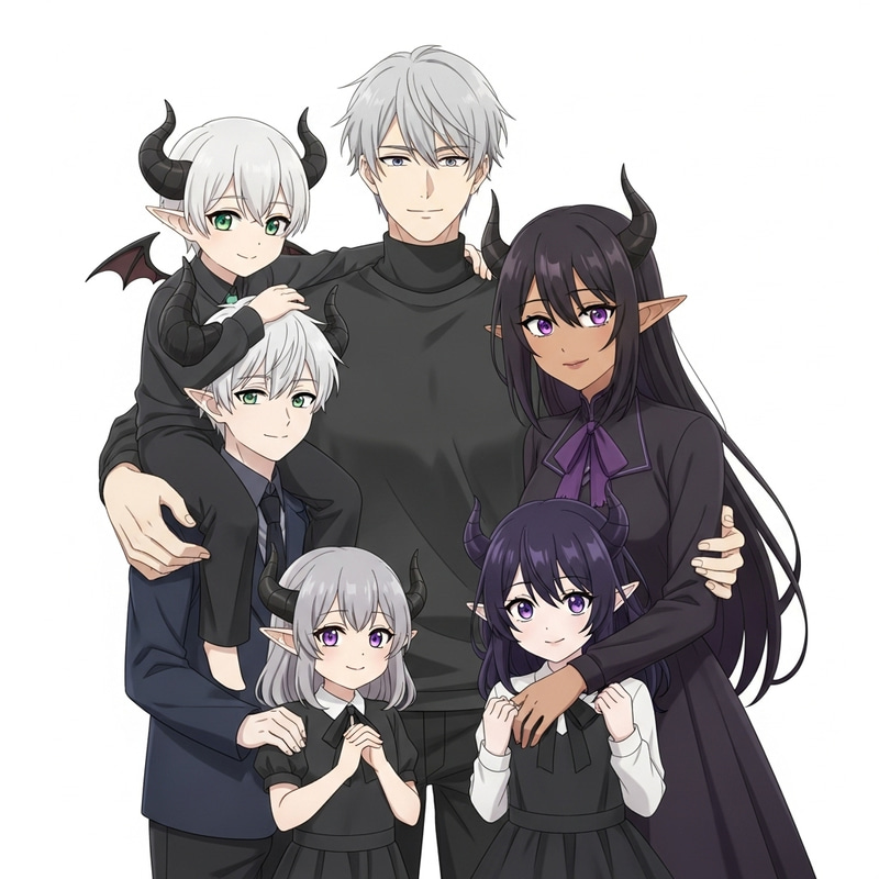 Enchanting Anime Family Portrait | Ashen Hair Man, Colorful Characters Enchanting Anime Family Portrait | Ashen Hair Man, Colorful Characters