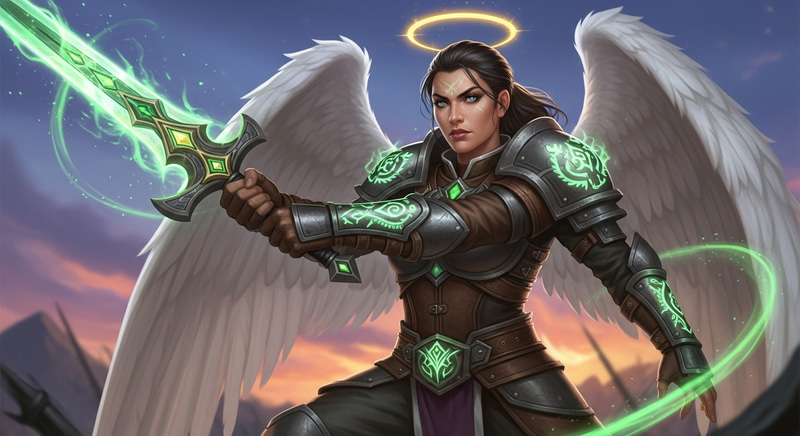 Hispanic Female Angel Hexblade Warlock with Iridescent Green Greatsword Hispanic Female Angel Hexblade Warlock with Iridescent Green Greatsword