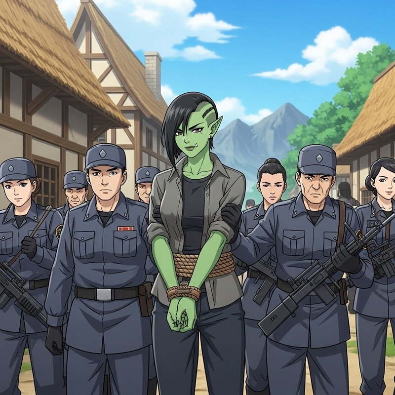 Anime Half-Orc Captured in Village Scene Anime Half-Orc Captured in Village Scene
