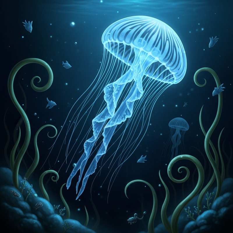 Elegant Blue Jellyfish in Dark Sea Elegant Blue Jellyfish in Dark Sea