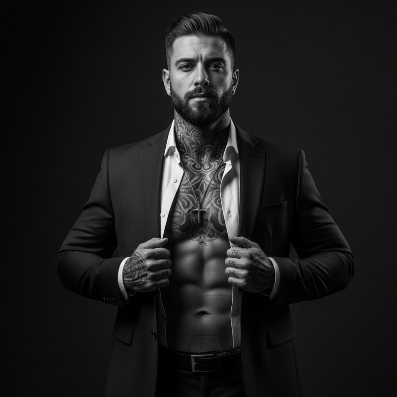 Powerful Italian Mob Boss Portrait in High Contrast Film Noir Style