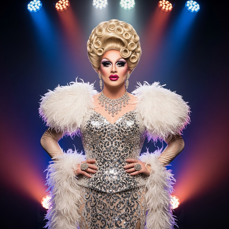 Glamorous Drag Queen in Elaborate Costume on Stage Glamorous Drag Queen in Elaborate Costume on Stage