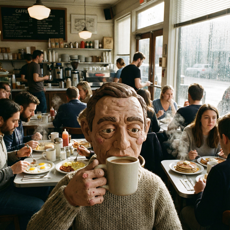 Busy Cafe Breakfast Scene With Claymation Character Busy Cafe Breakfast Scene With Claymation Character