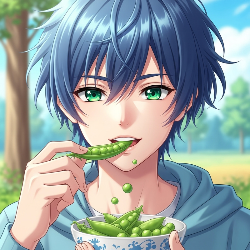 Enchanting Anime Boy with Mesmerizing Green Eyes Enjoying Peas Enchanting Anime Boy with Mesmerizing Green Eyes Enjoying Peas