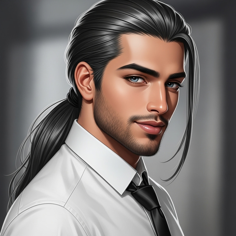 Young Man with Dark Gray Hair in Ponytail and White Shirt