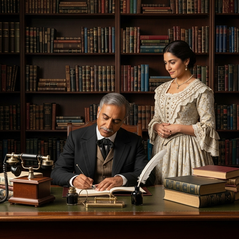 Victorian Bookcase & Desk Scene with Man and Woman - Historical Dramatic Setting Victorian Bookcase & Desk Scene with Man and Woman - Historical Dramatic Setting