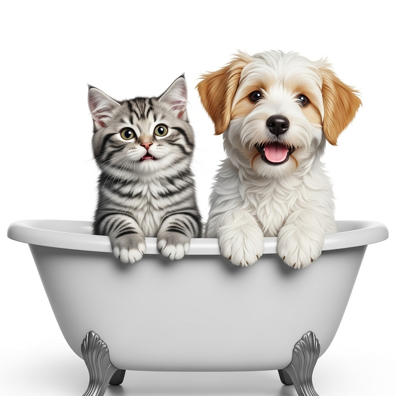 Hyper Realism: Joyous Fluffy Cat and Dog in Bathtub