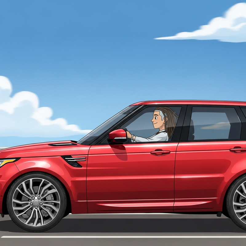 Cartoon Guy with Dreadlocks in Red Range Rover
