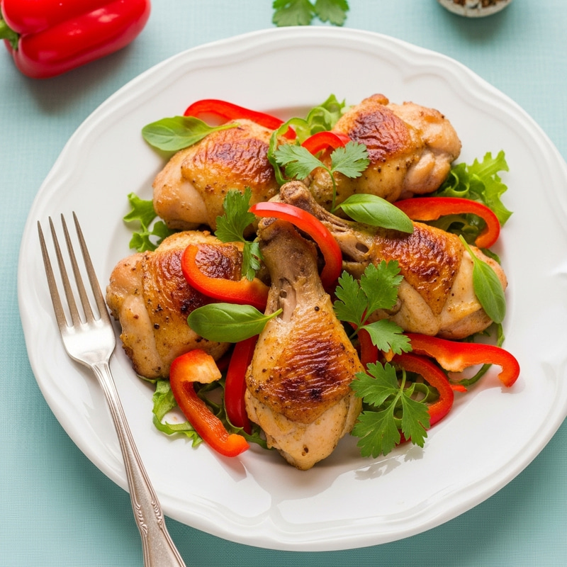 Colorful and Delicious Chicken Dish on Plate with Fresh Vegetables Colorful and Delicious Chicken Dish on Plate with Fresh Vegetables
