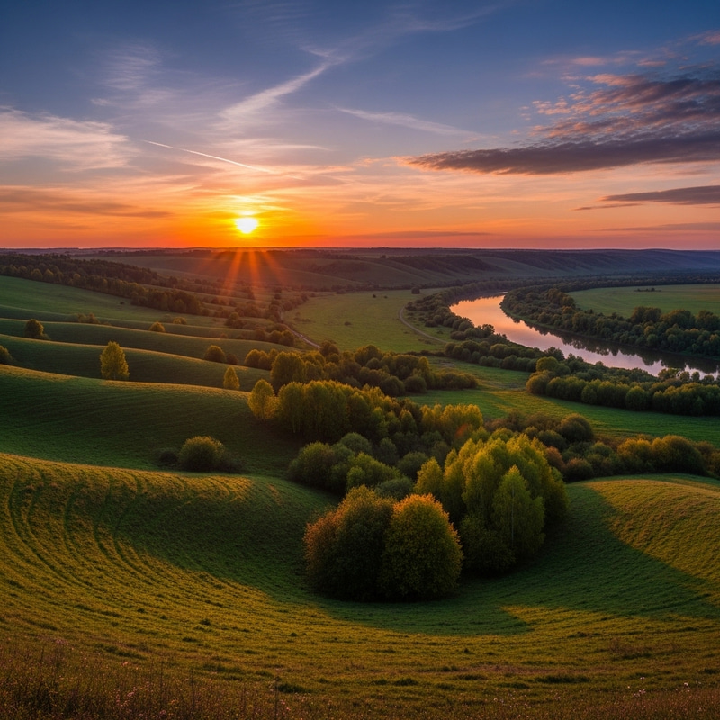 Realistic Rolling Hills Landscape with Colorful Sunset Realistic Rolling Hills Landscape with Colorful Sunset