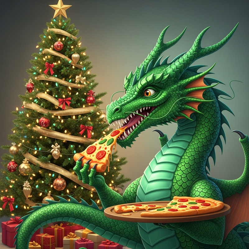 Green Dragon Devouring Pizza by Christmas Tree Green Dragon Devouring Pizza by Christmas Tree