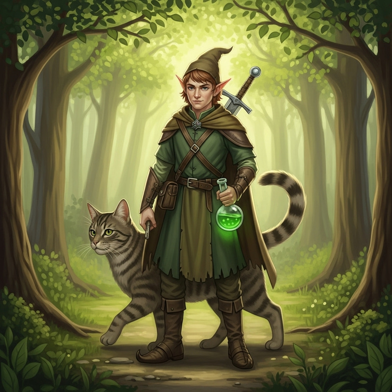 Magical Forest Elf with Feline Companion and Mystical Elixir Magical Forest Elf with Feline Companion and Mystical Elixir