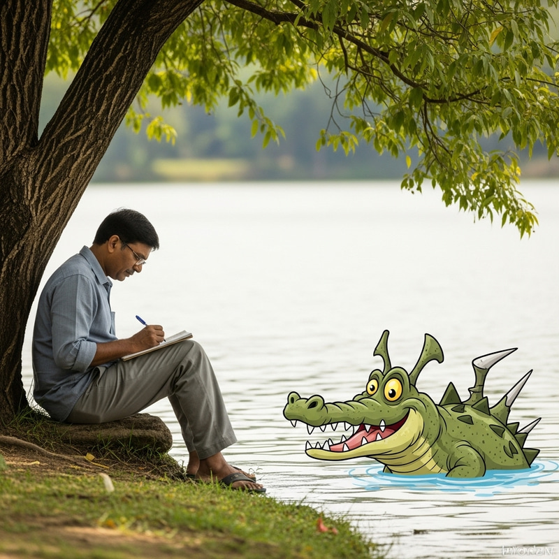 Man Writing Under Tree by Lake, Crocodile Watching