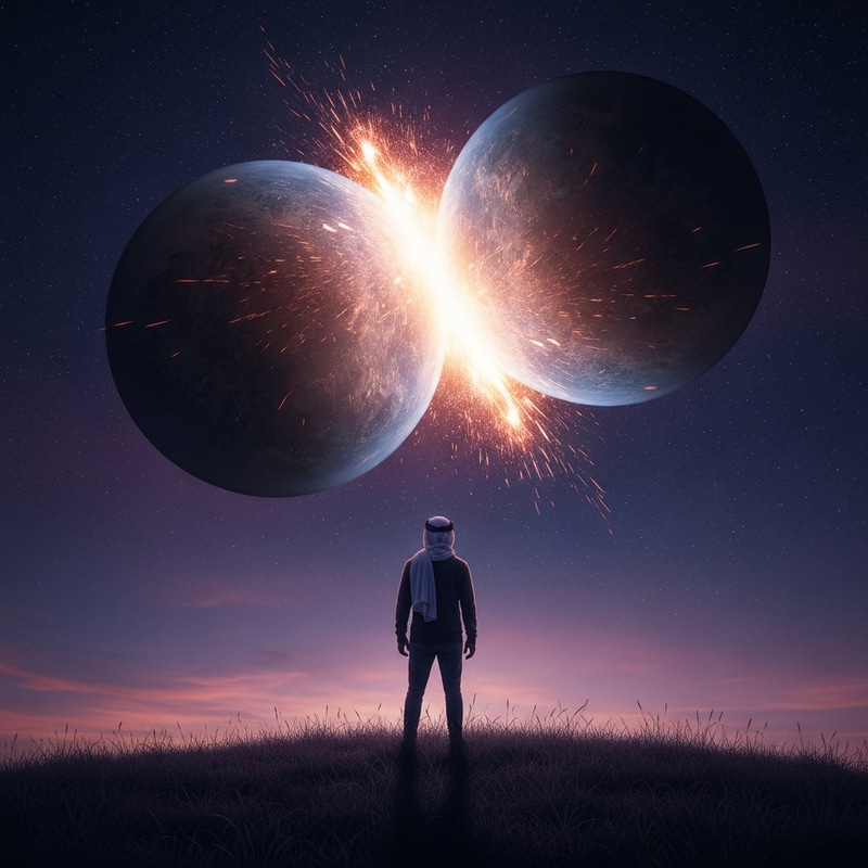 Stunning Cosmic Collision on Grassy Hill at Night Stunning Cosmic Collision on Grassy Hill at Night