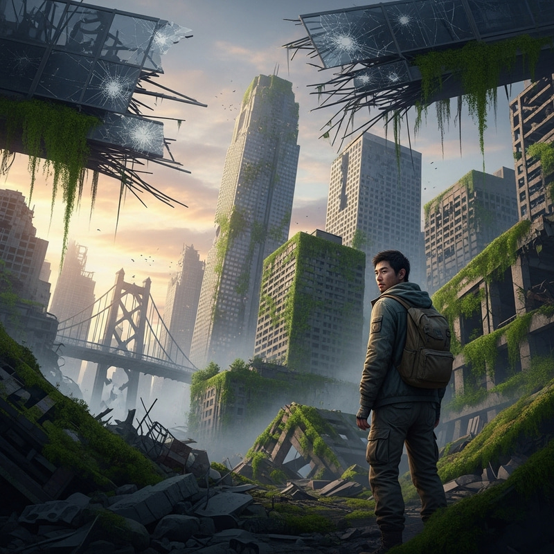 Desolate Cityscape: Post-Apocalyptic World with Nature Reclamation Desolate Cityscape: Post-Apocalyptic World with Nature Reclamation