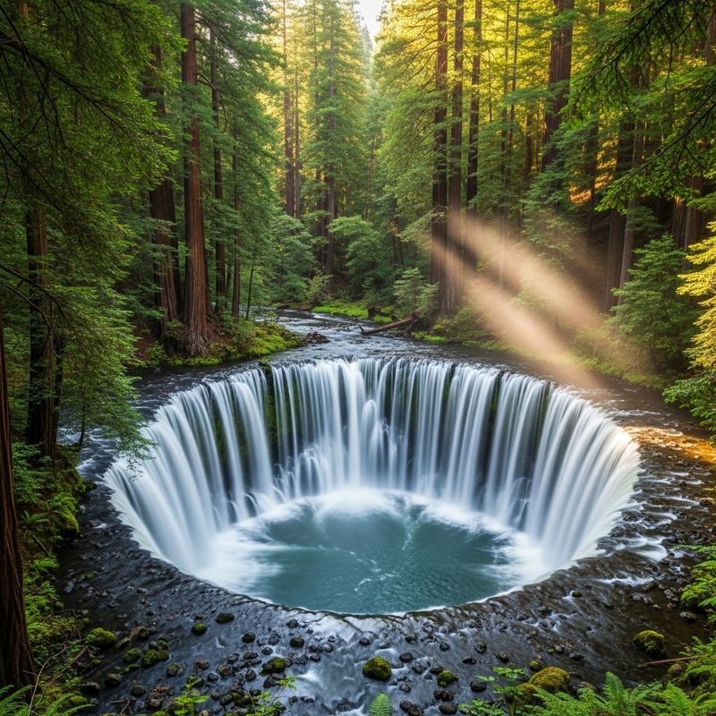 Majestic Waterfall Encircled by Towering Trees