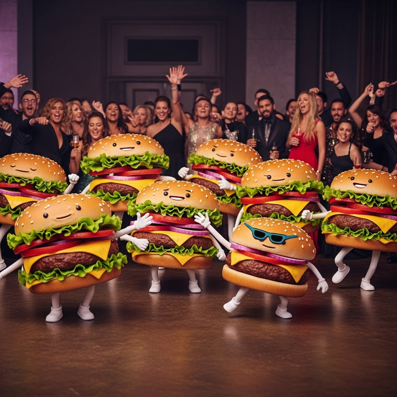 Dancing Hamburgers: A Surreal & Hilarious Party Scene Dancing Hamburgers: A Surreal & Hilarious Party Scene