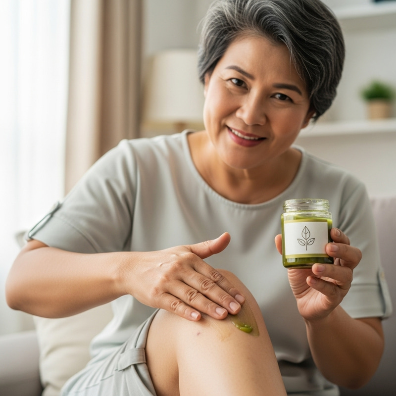 Thai Woman Smiling While Treating Varicose Veins with Herbal Ointment Thai Woman Smiling While Treating Varicose Veins with Herbal Ointment