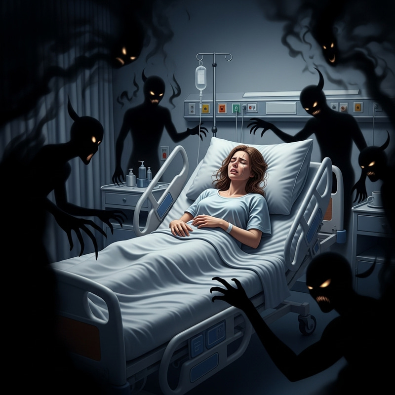 Sick Woman in Hospital Bed Surrounded by Shadows Sick Woman in Hospital Bed Surrounded by Shadows