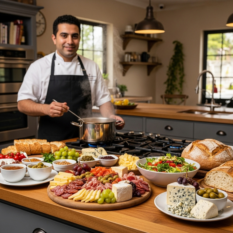 Delicious Gourmet Foods & Delights in a Rustic Kitchen