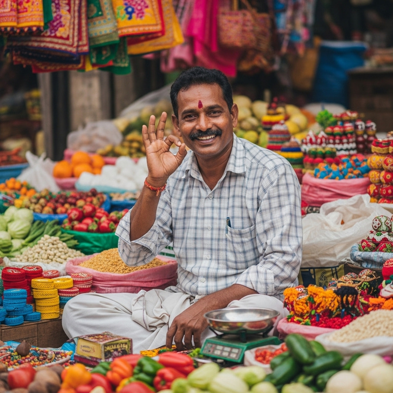 Smiling Chinese Market Vendor Shows Ok Sign Among Colorful Goods Smiling Chinese Market Vendor Shows Ok Sign Among Colorful Goods