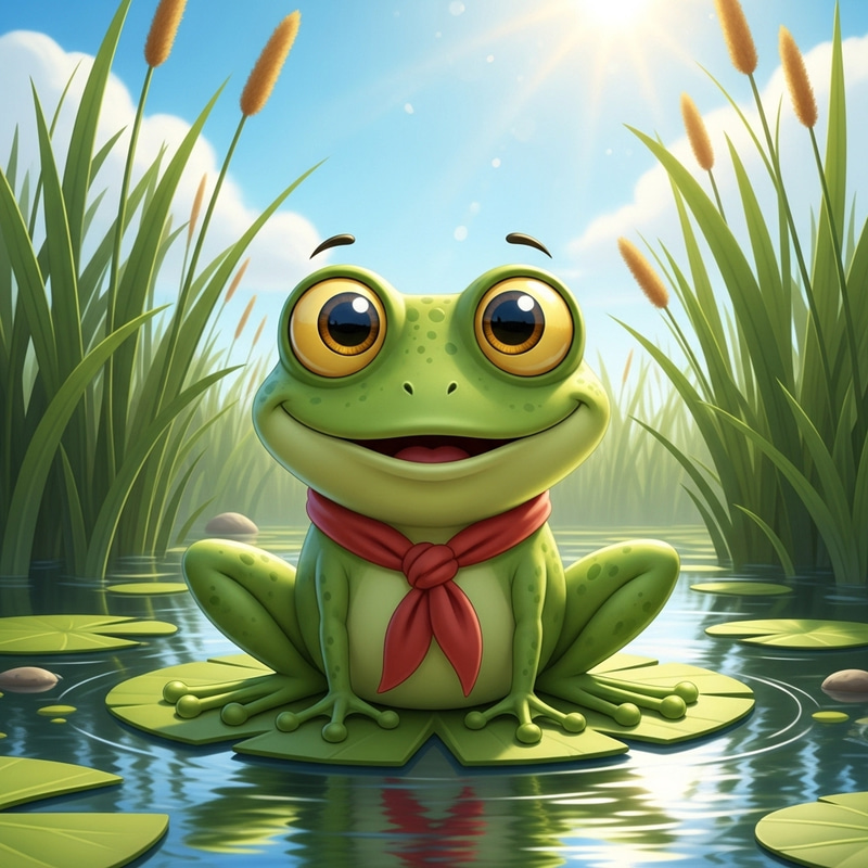 Adorable Pepe Cartoon Frog on Lilypad in Serene Pond Adorable Pepe Cartoon Frog on Lilypad in Serene Pond