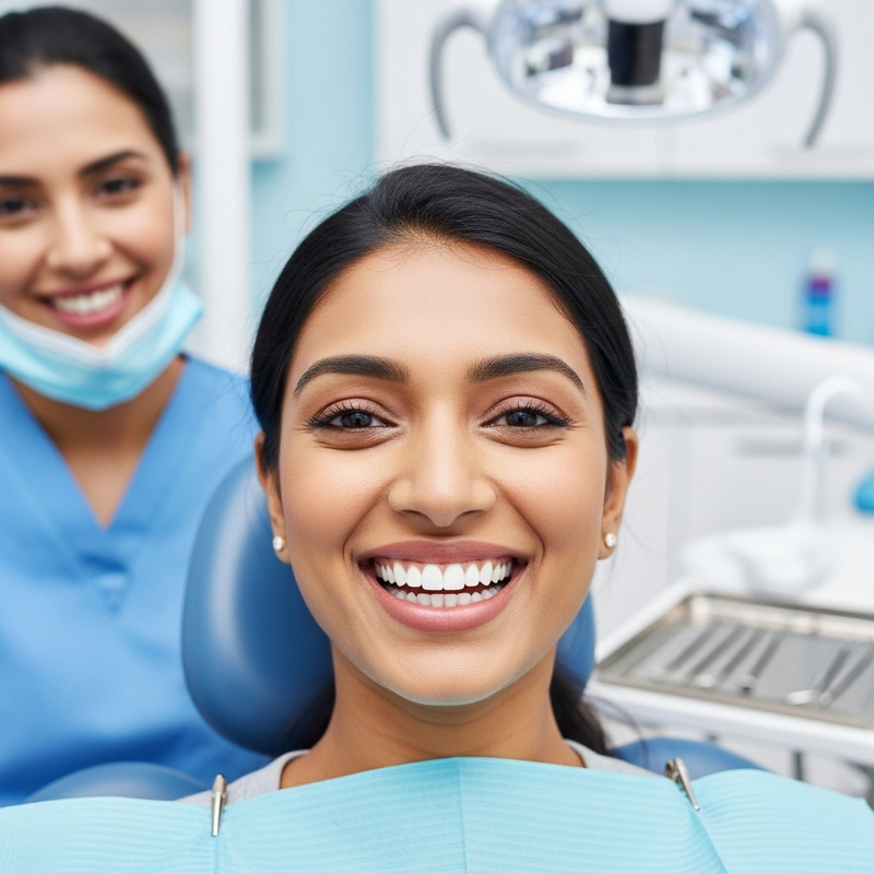 South Asian Woman with Brilliantly White Smile at Dental Clinic South Asian Woman with Brilliantly White Smile at Dental Clinic