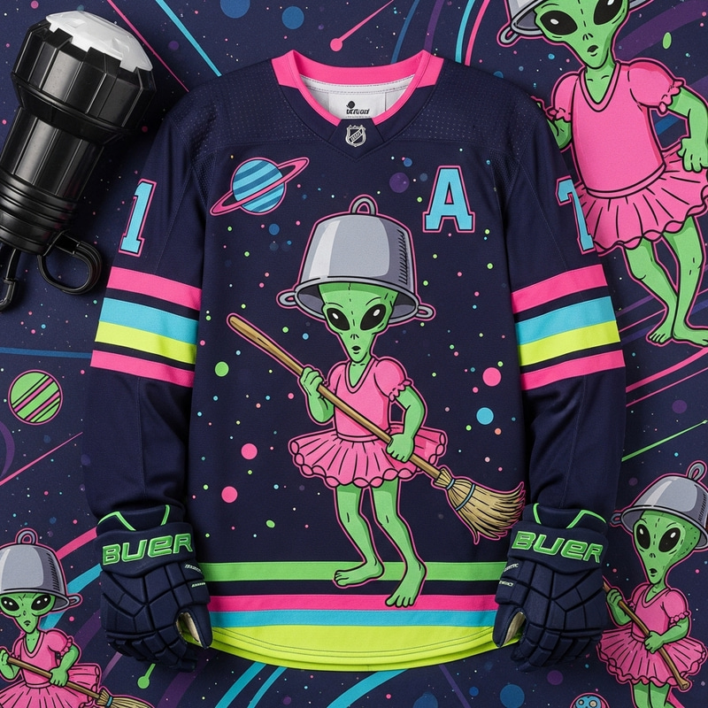 Neon Color Marvin the Martian Ice Hockey Jersey | Cartoon Alien Design Neon Color Marvin the Martian Ice Hockey Jersey | Cartoon Alien Design