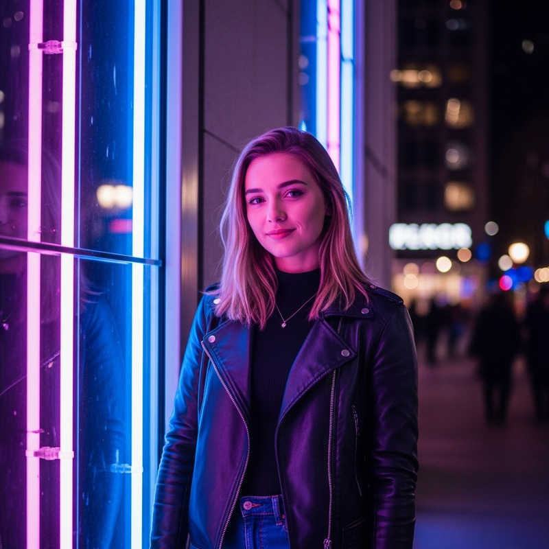 Neon Dreams: Stylish Young Woman in Urban Vibes Neon Dreams: Stylish Young Woman in Urban Vibes