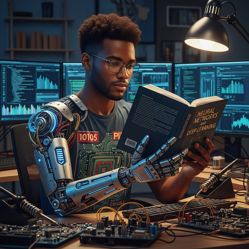 Dark-Skinned IT Nerd with Robotic Arm Holding Book