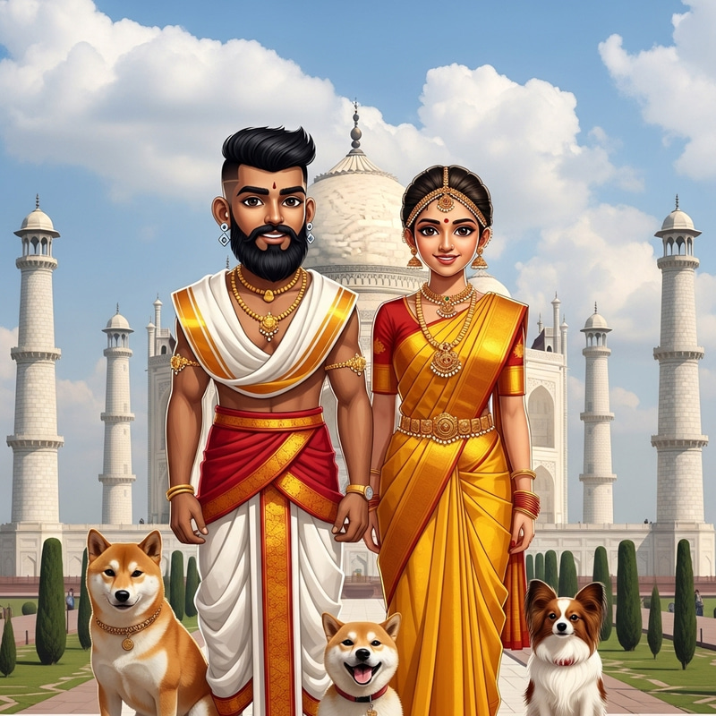 South Indian Boy & Girl in Traditional Attire at Taj Mahal with Dogs South Indian Boy & Girl in Traditional Attire at Taj Mahal with Dogs