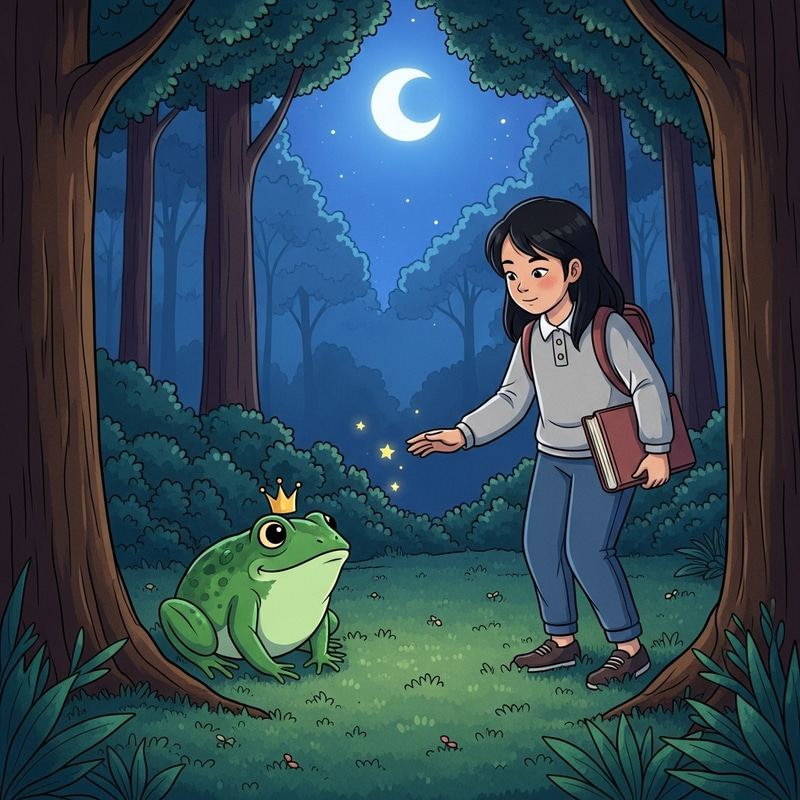 Asian Girl Discovers Whimsical Frog Prince in Serene Night Forest | Cartoon Style Asian Girl Discovers Whimsical Frog Prince in Serene Night Forest | Cartoon Style