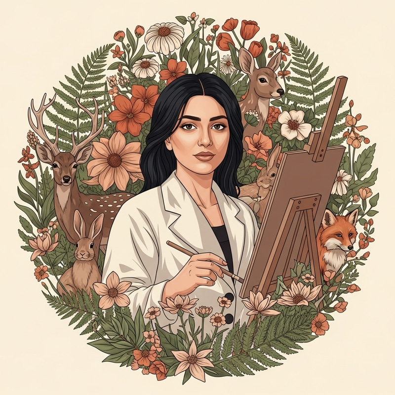 Dark-Haired Female Artist with Flora, Wildlife, and Warm Palette Dark-Haired Female Artist with Flora, Wildlife, and Warm Palette