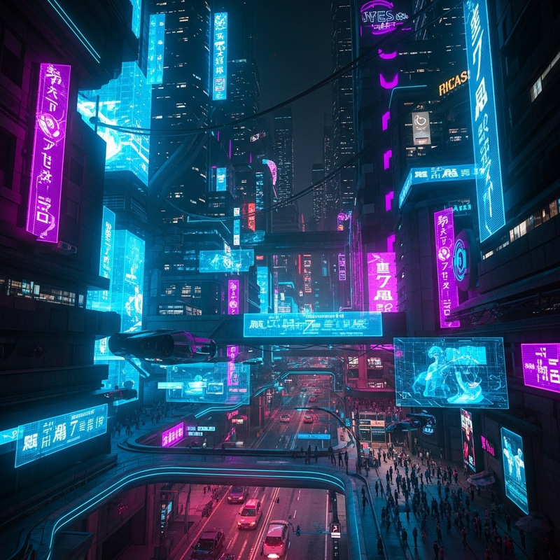 Vibrant Cyberpunk Cityscape with Neon Lights at Night
