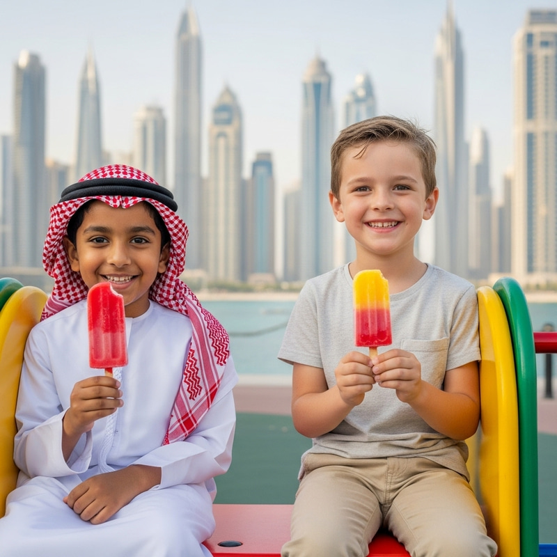 Dubai Playground: Kids Enjoying Strawberry & Mango Ice Cream Delight Dubai Playground: Kids Enjoying Strawberry & Mango Ice Cream Delight