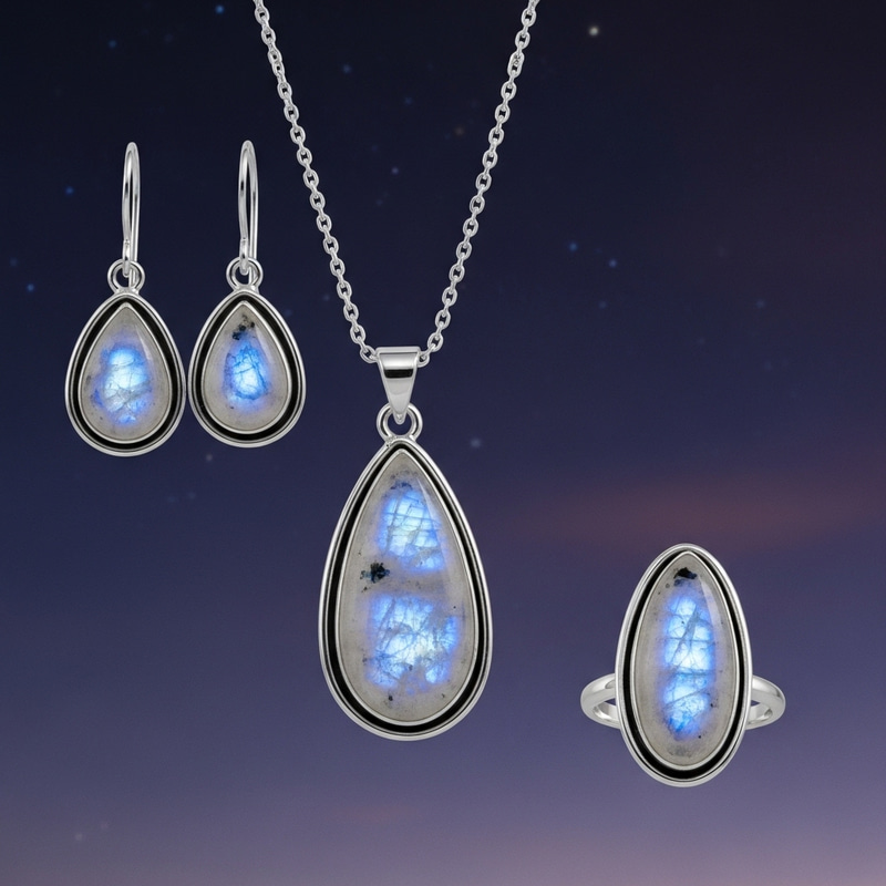 Capture Moonstone Silver Set Jewelry with Night Sky Background