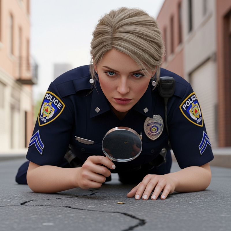 Blonde Female Police Officer, Blue Shirt, Kneeling Blonde Female Police Officer, Blue Shirt, Kneeling