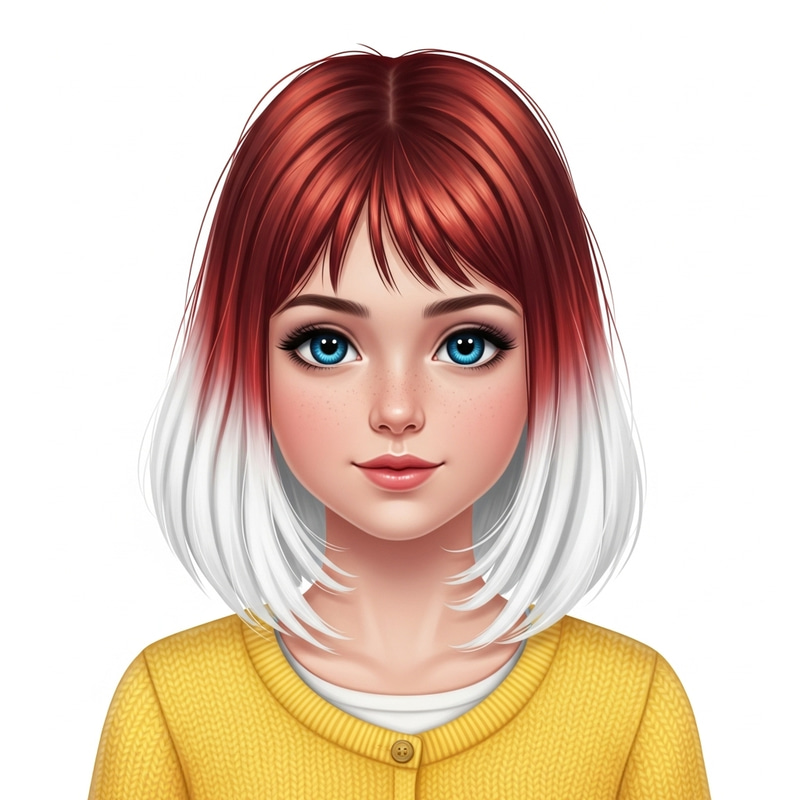 Sweet Girl with Red-White Hair and Blue Eyes in Yellow Cardigan