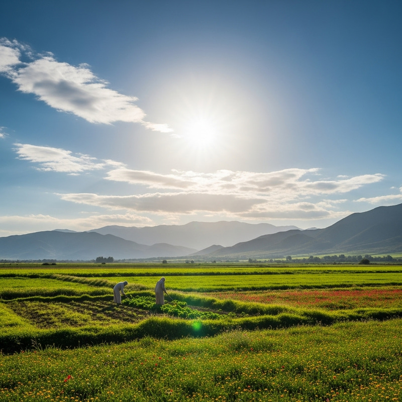 Sunlit Landscape: Serene Green Fields and Wildflowers
